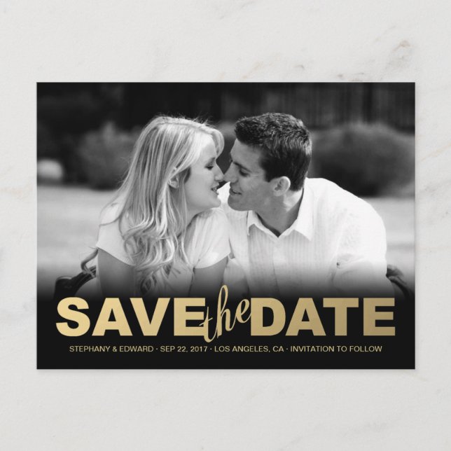 Imitats Gold Save the Date Foto Postkarte (Vorderseite)
