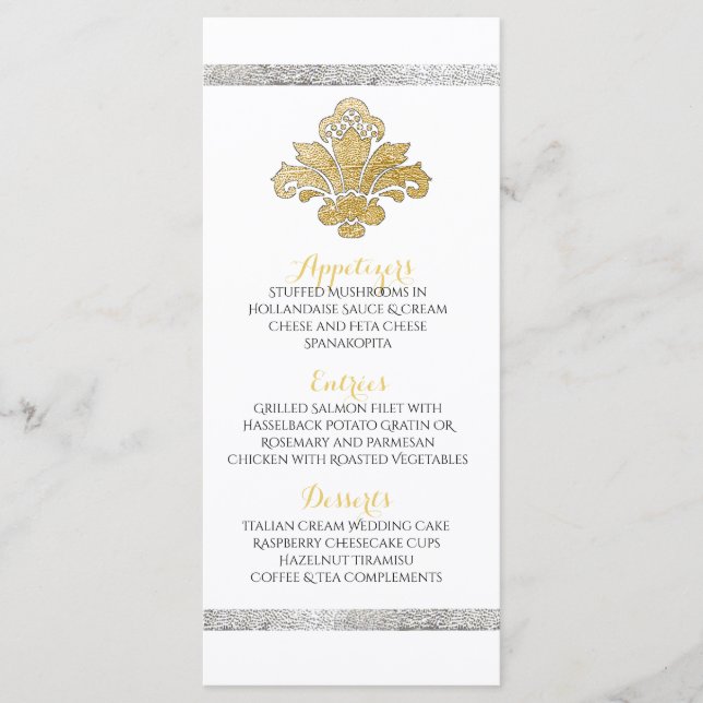 Imitats Gold/Silver Damask Hochzeitsessen Schwarze Menükarte (Vorderseite)