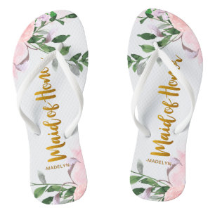 Imitats Gold-Trauzeugin mit Blumen und Namen Flip Flops