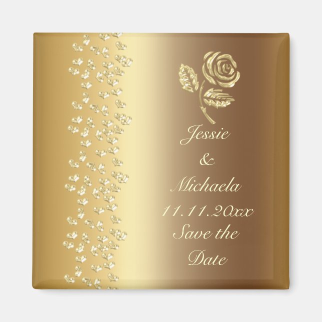 Imitats Gold Wedding Rose und Herz Save the Date Magnet (Vorne)