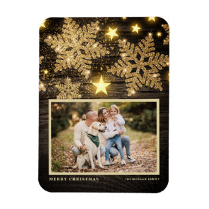 Imitats Holz Gold Glitzer Schneeflocken Foto Weihn Magnet