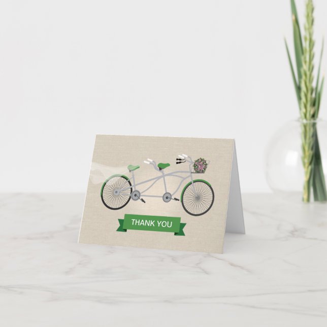 Imitats Linen Green Tandem Bicycle Wedding Vielen  Dankeskarte (Vorderseite)