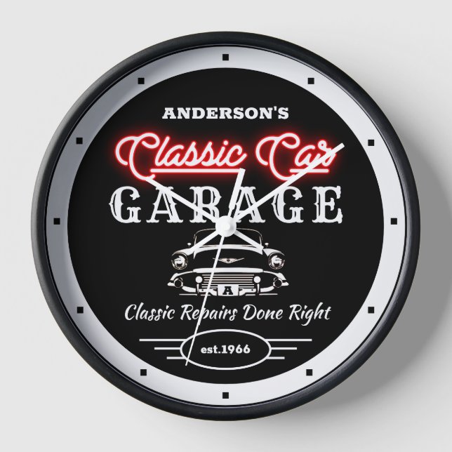 Imitats Red Neon Classic Garage Auto und Name Uhr (Vorderseite)