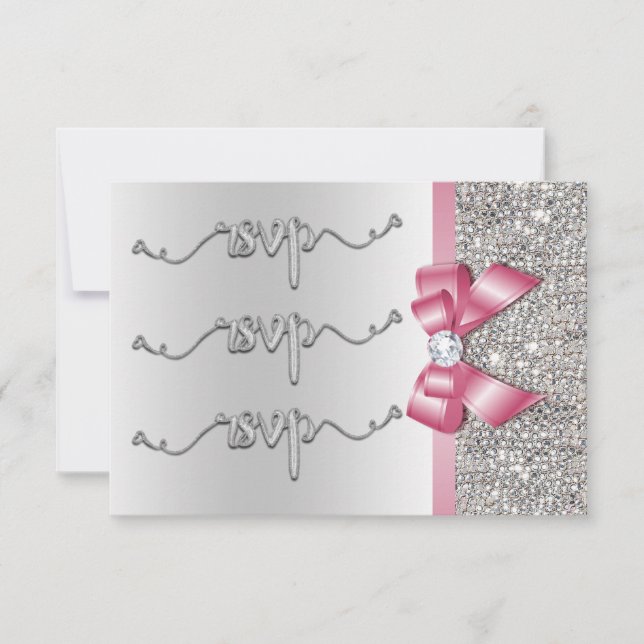 Imitats Rosa Bow Silver Sequins UAWG Wedding RSVP Karte (Vorderseite)