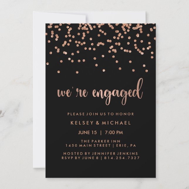Imitats Rose Gold Confetti zu Black Engagement Par Einladung (Vorderseite)