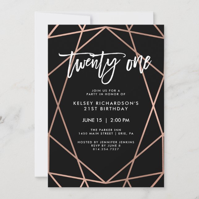 Imitats Rose Gold Geometric | 21. Geburtstag Party Einladung (Vorderseite)