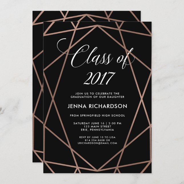 Imitats Rose Gold Geometric auf Black Graduation P Einladung (Vorne/Hinten)