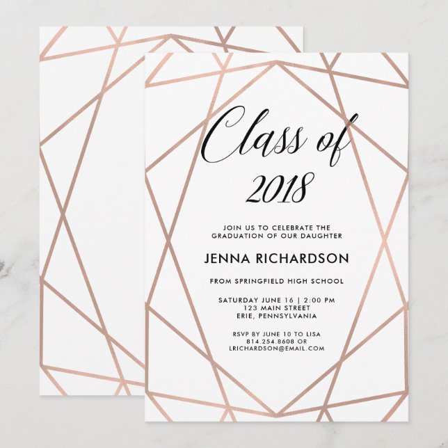 Imitats Rose Gold Geometric auf White Graduation P Einladung (Vorne/Hinten)