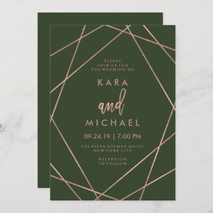 Imitats Rose Gold Geometric   Deep Green Wedding Einladung