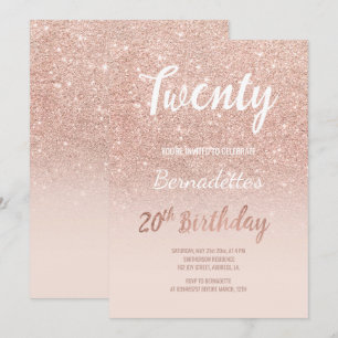 Imitats Rose Gold Glitzer 20. Geburtstag Einladung