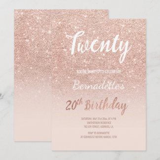 Imitats Rose Gold Glitzer 20. Geburtstag Einladung