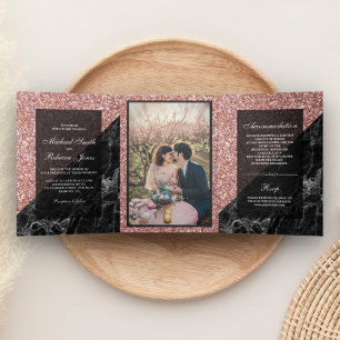 Imitats Rose Gold Glitzer Black Marble Wedding Fot Dreifach Gefaltete Einladung