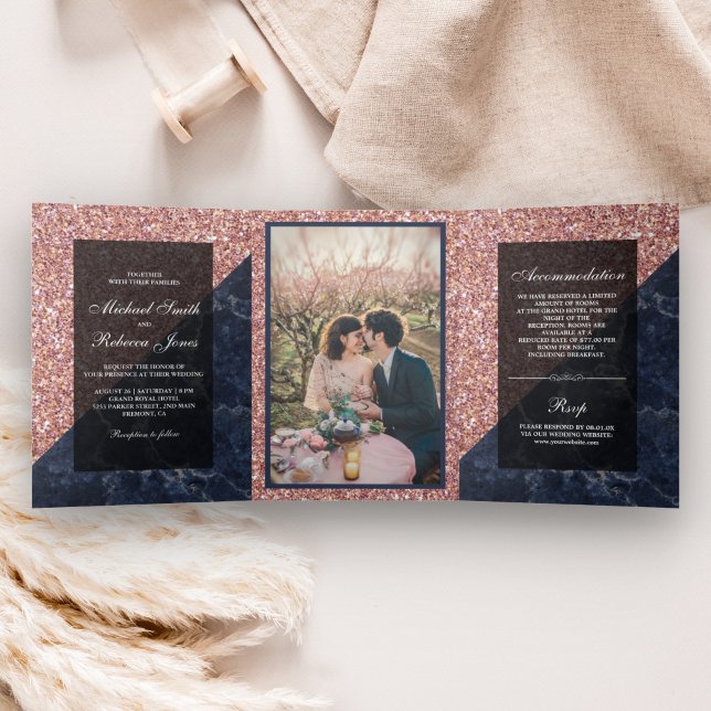 Imitats Rose Gold Glitzer Blue Marble Wedding Foto Dreifach Gefaltete Einladung (Von Creator hochgeladen)