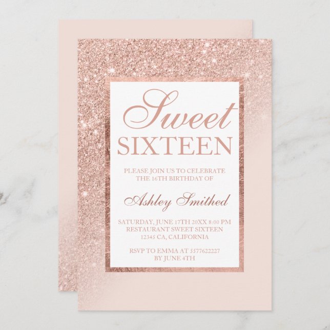 Imitats Rose Gold Glitzer eleganter Sweet 16 Seite Einladung (Vorne/Hinten)