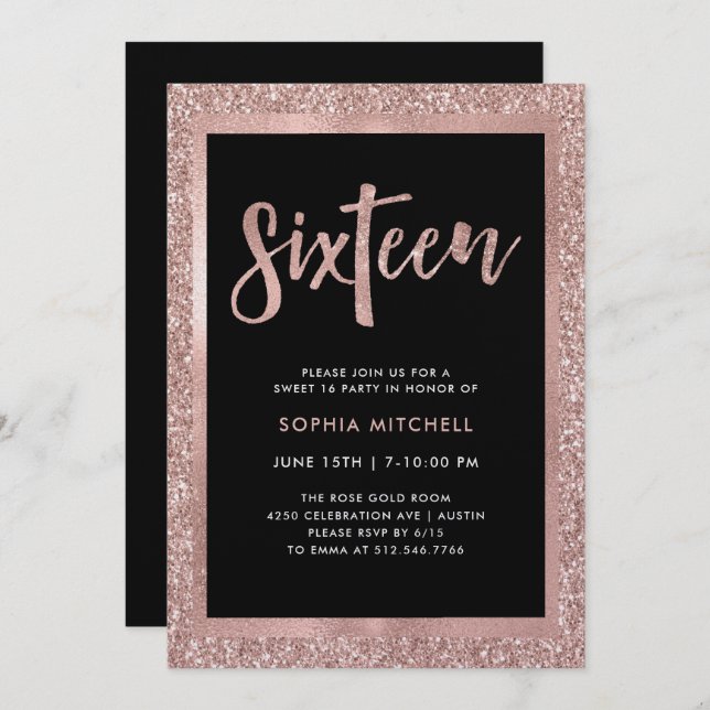 Imitats Rose Gold Glitzer | Sweet 16 Party Einladung (Vorne/Hinten)