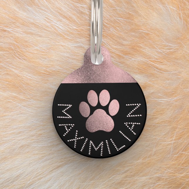 Imitats Rose Gold Sparkle Haustiermarke (An elegant dog ID tag with faux rose gold pawprint, your pet's name and your contact information)