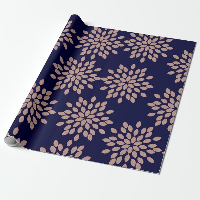 Imitats Rose Gold und Navy Blue Floral Muster Geschenkpapier (Ungerollt)