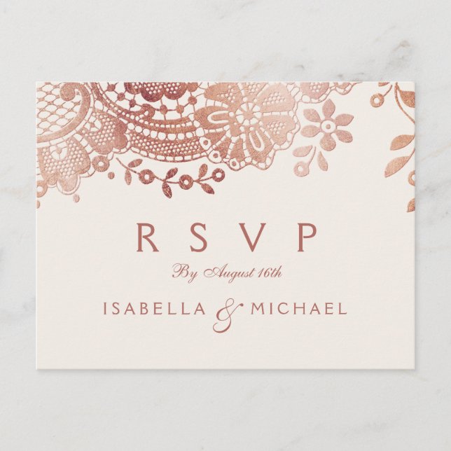 Imitats Rose Gold Vintage Spitzen Hochzeit RSVP Einladungspostkarte (Vorderseite)