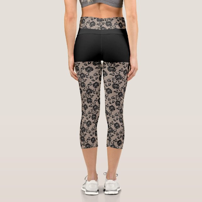 Imitats Schwarze Rose Lace Fishnet und Kurz - eleg Capri Leggings (Rückseite)