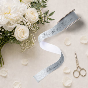 Imitats Silver Metallic Elegant Gray Script Weddin Satinband