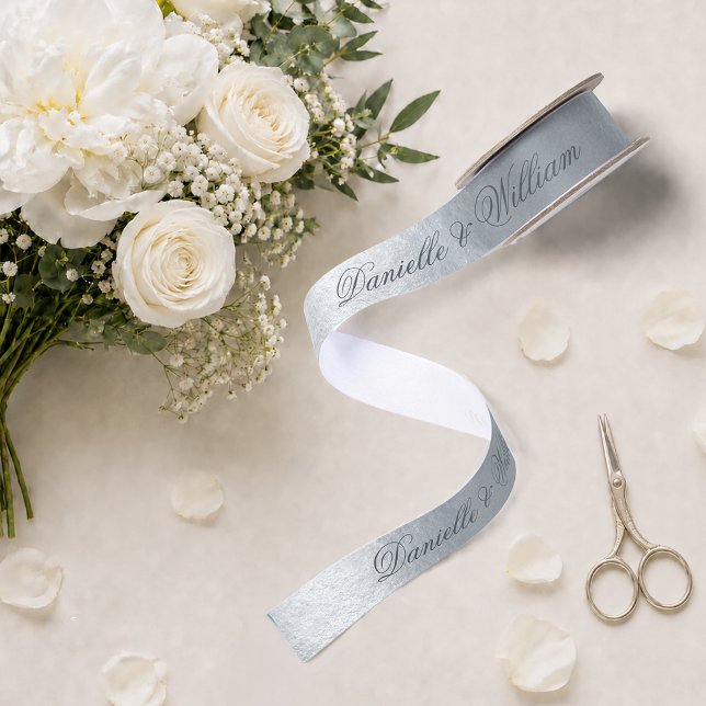 Imitats Silver Metallic Elegant Gray Script Weddin Satinband (Von Creator hochgeladen)