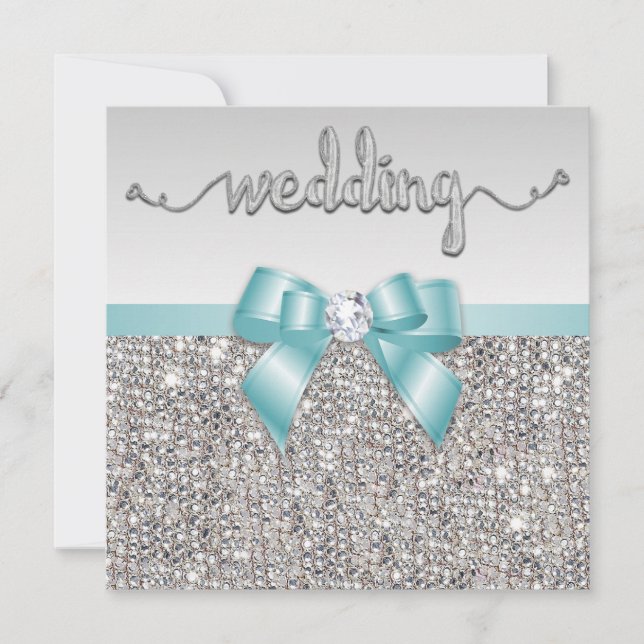 Imitats Silver Sequins Aquamarin Blue Bow Wedding Einladung (Vorderseite)