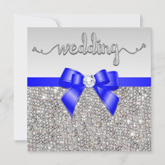 Imitats Silver Sequins Royal Blue Bow Wedding Einladung (Vorderseite)