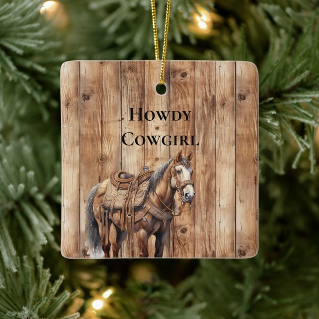 Imitats Wood Western Cowboy Cowgirl HorChristmas Keramikornament (Baum)
