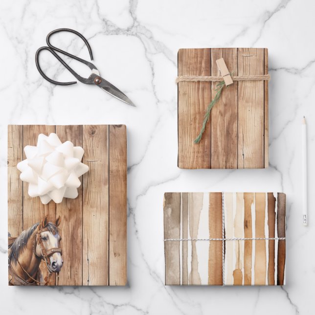 Imitats Wood Western Cowboy Cowgirl Horse Geburtst Geschenkpapier Set (Vorderseite)