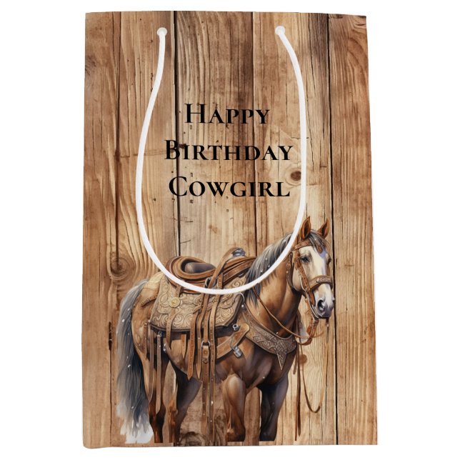 Imitats Wood Western Cowboy Cowgirl Horse Geburtst Mittlere Geschenktüte (Vorderseite)