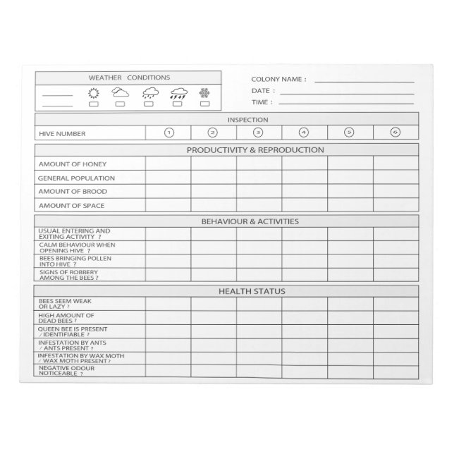 Imkerei - Honigbienenzuchttracker Notizblock (Vorderseite)