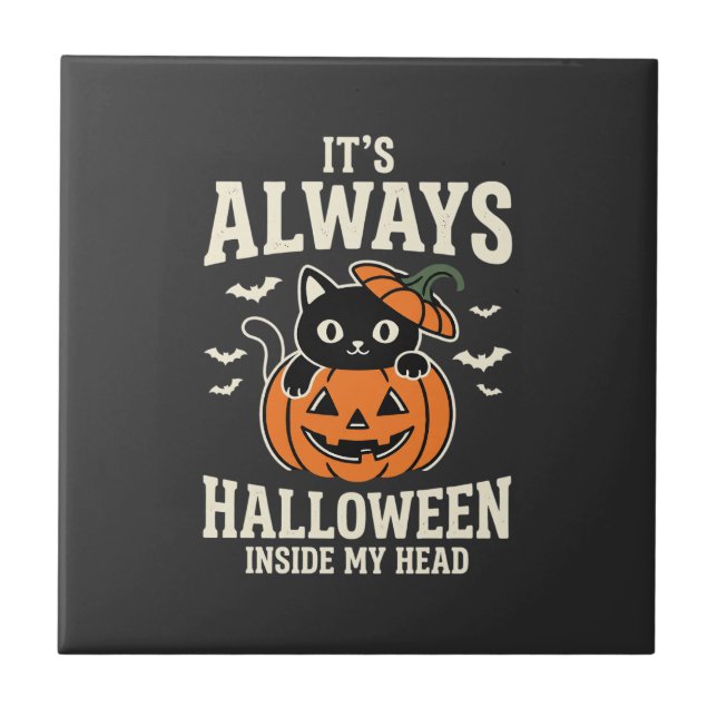 Immer Halloween Schwarze Katze Kürbis Design Fliese (Vorderseite)