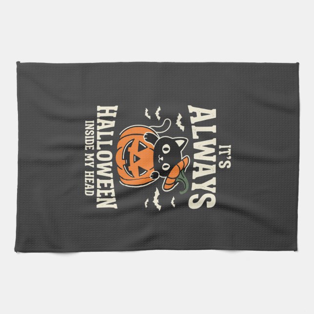 Immer Halloween Schwarze Katze Kürbis Design Geschirrtuch (Horizontal)