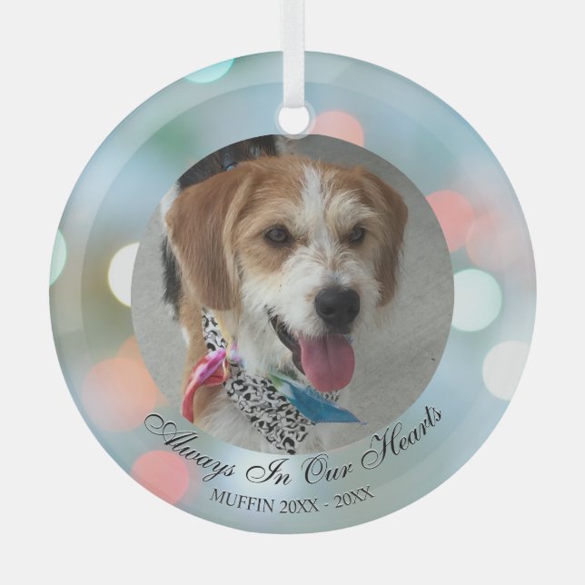 Immer in unserem Herzen, Pet Name Date Foto Blk Te Ornament Aus Glas (Vorderseite)