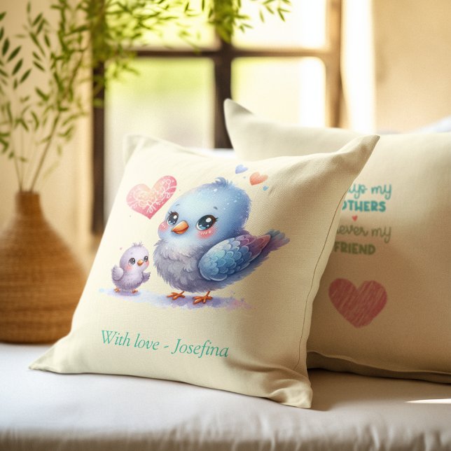 Immer meine Mutter - Bird Mum & Baby Yellow Kissen (Always my Mother - Bird Mum & Baby Yellow Throw Pillow)