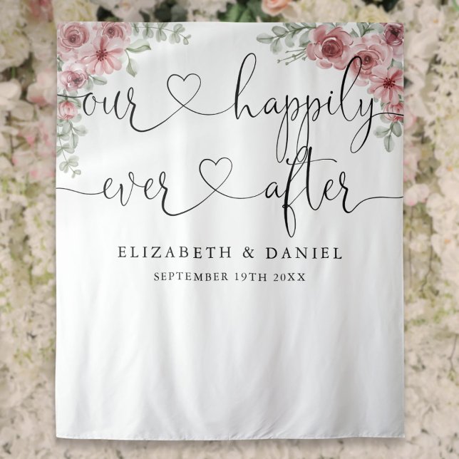 Immer nach Skript-Rose Hochzeitsgeschichte Foto Hi Wandteppich (Ever After Script Roses Wedding Photo Backdrop)
