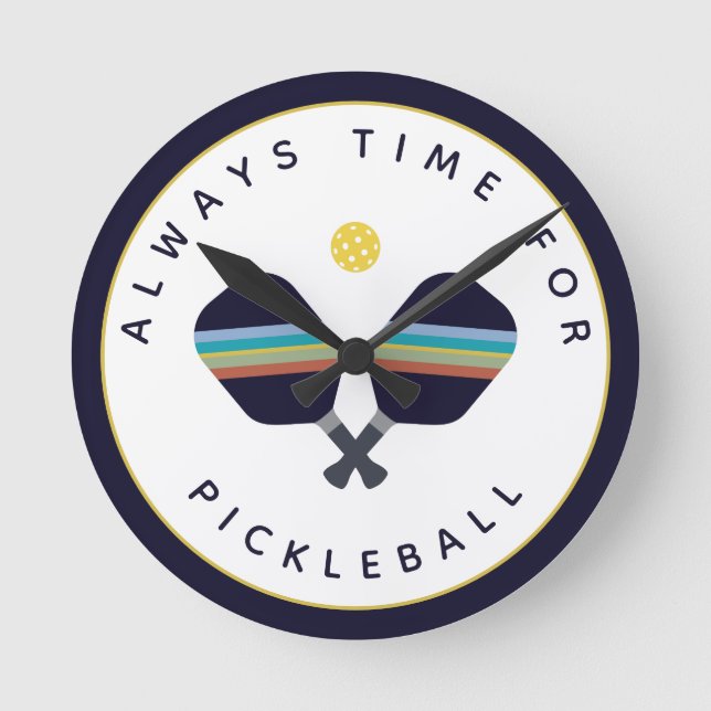 Immer Zeit für Pickleball Paddles Blau Gelb Runde Wanduhr (Vorderseite)