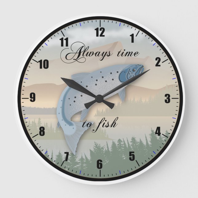 "Immer Zeit zum Fischen" Wall Clock Große Wanduhr (Vorderseite)