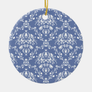 Immerblau-weißer Damast Keramik Ornament