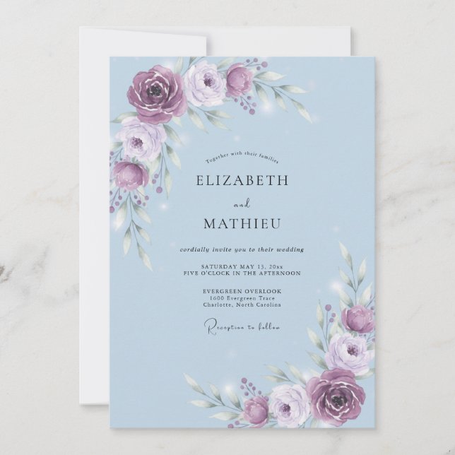 Immergrün-Amethyst-Blüten-Hochzeit Einladung (Vorderseite)