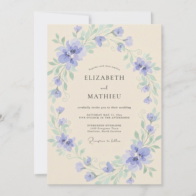 Immergrün-Blüten-Cream-Hochzeit Einladung (Vorderseite)