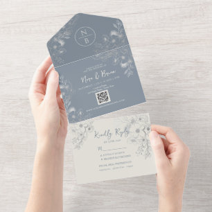 Immergrün Boho Staub Blau Hochzeit All In One Einladung