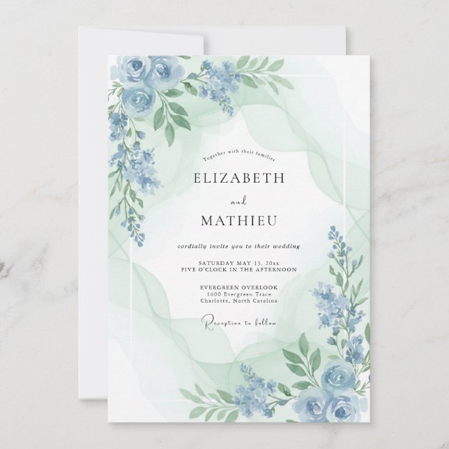 Immergrün-Celadon-Pfingstrosen-Hochzeit Einladung (Vorderseite)