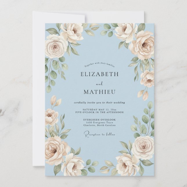 Immergrün Champagner Blütenblatt Hochzeit Einladung (Vorderseite)