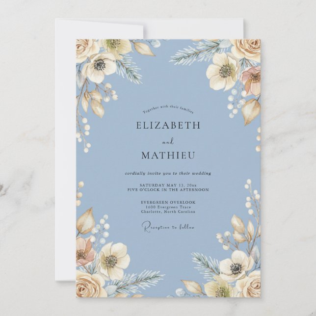 Immergrün-Creme-Blüten-Hochzeit Einladung (Vorderseite)