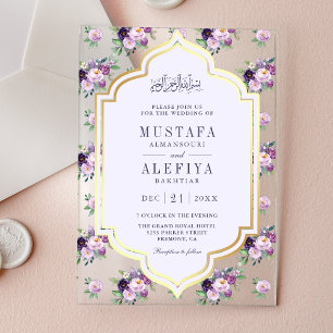 Immergrün Gold Lila Blumen Muslimische Hochzeit Acryleinladungen