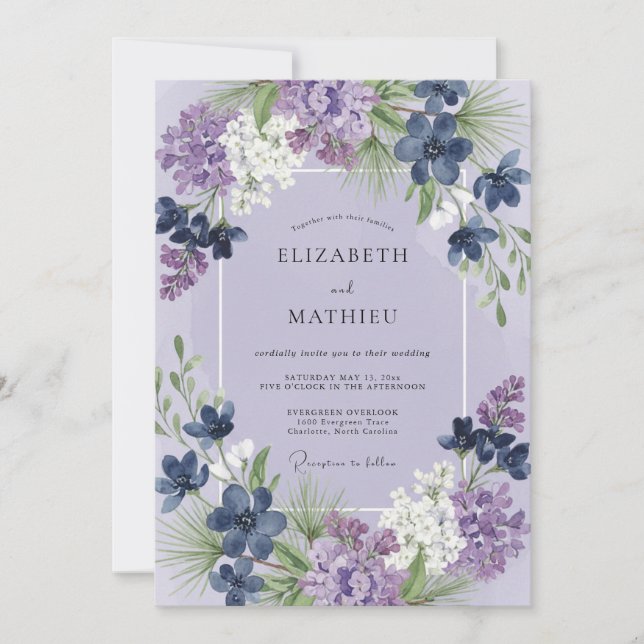 Immergrün-Indigo-Wildblumen-Hochzeit Einladung (Vorderseite)