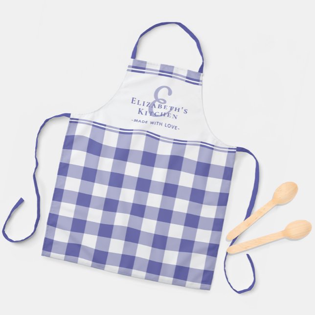 Immergrün-Küchen-Monogramm-Name Gingham-Karo Schürze (Periwinkle Kitchen Monogram Name Gingham Check Apron)