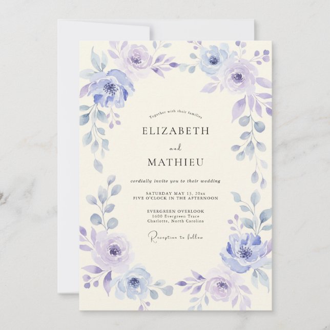 Immergrün-Lavendel-Blüten-Hochzeit Einladung (Vorderseite)