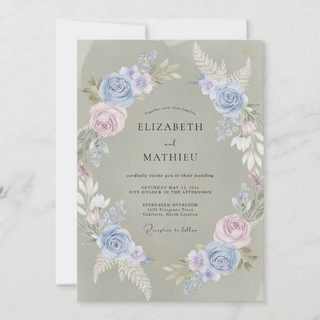 Immergrün-Lavendel-Laub-Eukalyptus-Hochzeit Einladung (Vorderseite)